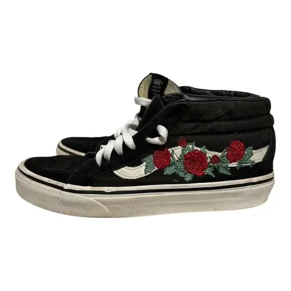 Vans Sk8-HI Women's 7 Black Rose Embroidered Floral Pattern High Top Shoes - Picture 6 of 8